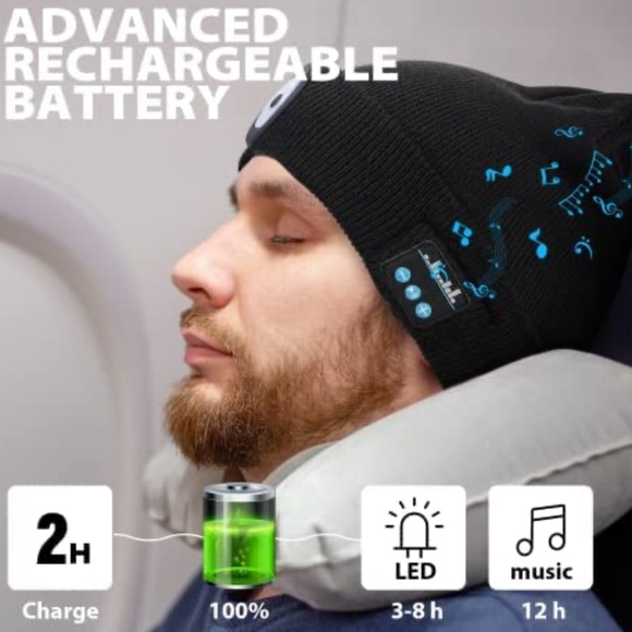 Unisex Bluetooth Beanie Hat with LED Headlamp, Built-in Speaker/Mic, Headphones - Picture 5 of 7